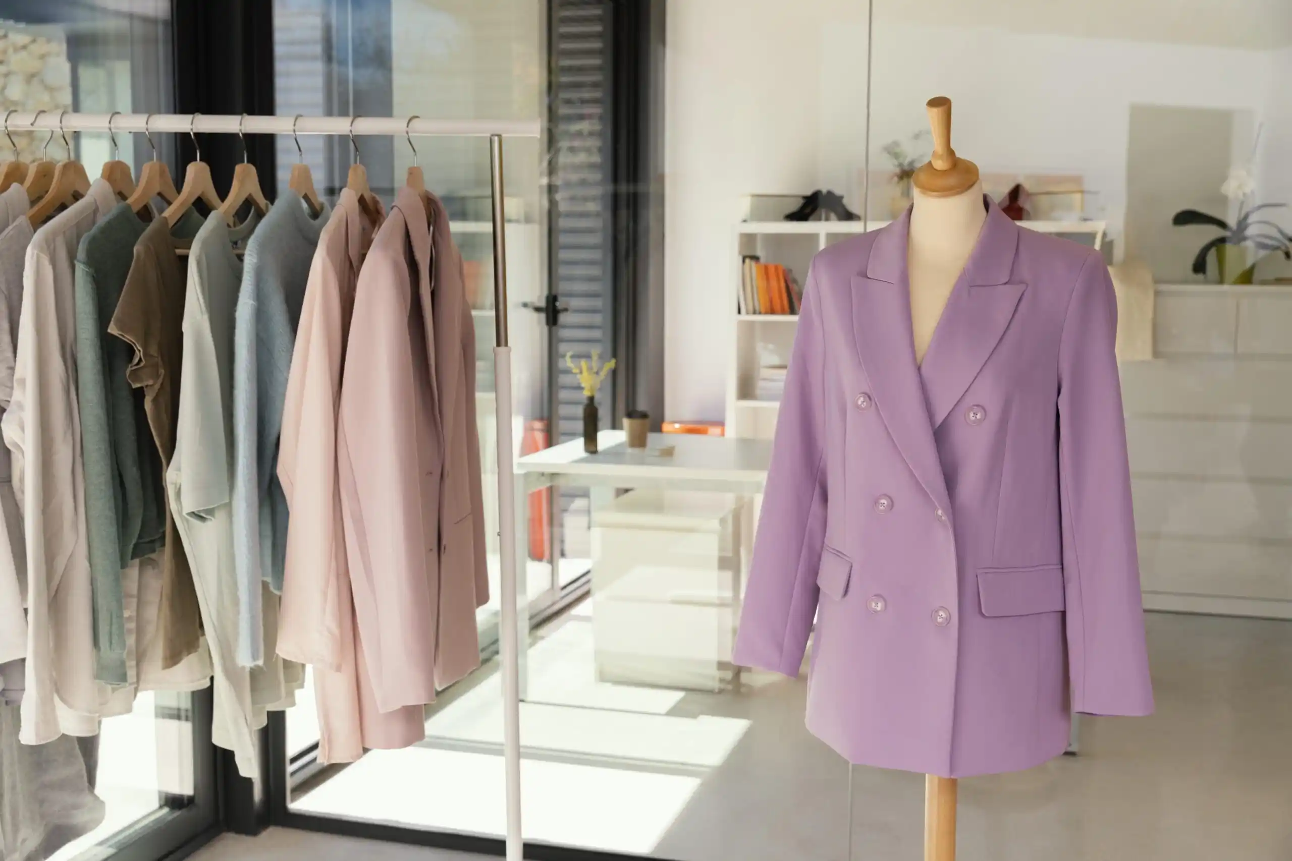 Mannequin wearing a purple suit, placed in front of a closet.