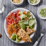 top view healthy dish with wooden background