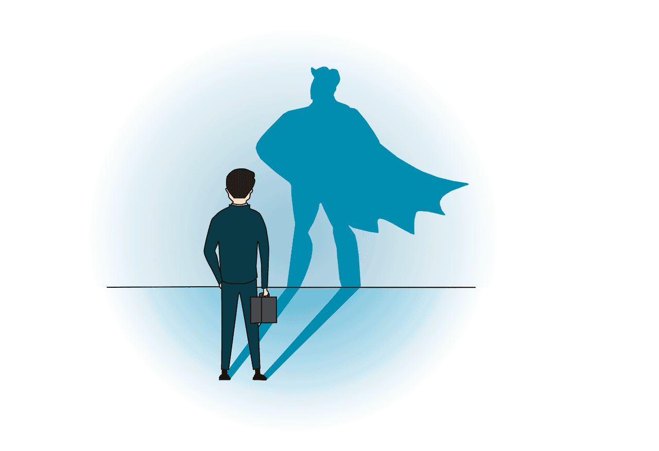 A man stands front of a superhero