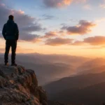 Person standing on a mountain cliff at sunrise