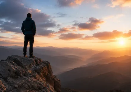 Person standing on a mountain cliff at sunrise