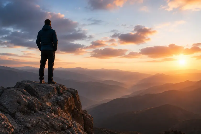 Person standing on a mountain cliff at sunrise