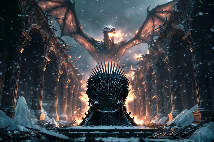 Game of Thrones Iron Throne with dragon in epic fantasy scene